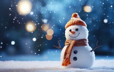 Sticker - A snowman with a hat and scarf in the snow. Generative AI.