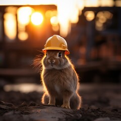 Canvas Print - A rabbit wearing a hard hat on a construction site. Generative AI.