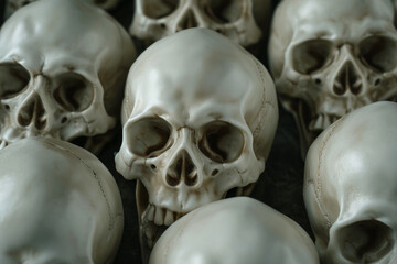 Human skulls, horror concept. Background for design with selective focus and copy space.