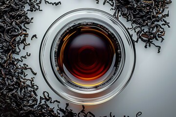 Wall Mural - Tea in a transparent glass. Background with selective focus and copy space