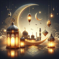 Ramadan kareem or ramazan mubarak greeting with crescent background Ai generative.