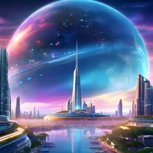 Highly Detailed Illustration Of A Hidden World Inside Planet Earth, Atmosphere, Futuristic City And Spaceship In The Background, Holographic Shimmer, Whimsical Lighting, Futuristic Generative AI