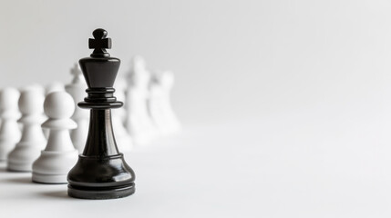 Black chess king standing ahead of white pawns on white background. Strategy and competition concept. Generative AI