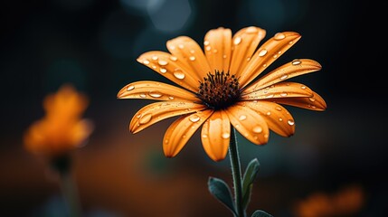 Wall Mural - Vibrant orange daisy with water droplets on dark, moody background.