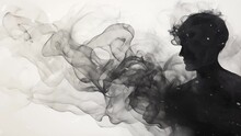 Man Materializing Through Swirling Smoke Abstract Ink Forming. Man Illustration By Black Smoke On White Background. Seamless Looping Overlay 4k Virtual Video Animation Background 