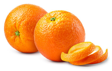 Wall Mural - Orange isolated. Oranges with twisted peel on white background. Orange fruit with zest. Clipping path. Full depth of field.