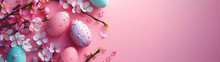 Pink Background With Eggs And Flowers