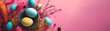 Birds Nest With Eggs and Twigs on Pink Background
