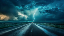 Thunderstorm Over A Deserted Highway Lightning Illuminating The Sky The Raw Power Of Nature On Display