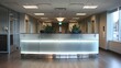 Contemporary reception front desk design with frosted glass panels and brushed aluminum details