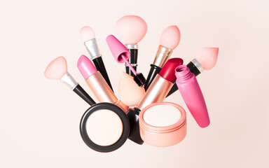 Sticker - pressed powder, mascara cream, lipstick and so on makeup tools, 3d rendering.