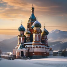A Traditional Russian Onion Dome Church Against A Backdrop Of Snow-covered Mountains3
