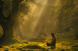 A woman meditating in a tranquil forest clearing
