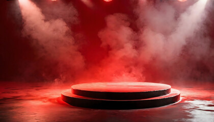 Wall Mural - A red podium with smoke, illuminated by spotlights, creating a dramatic ambiance. An empty pedestal ready for an award ceremony or presentation.