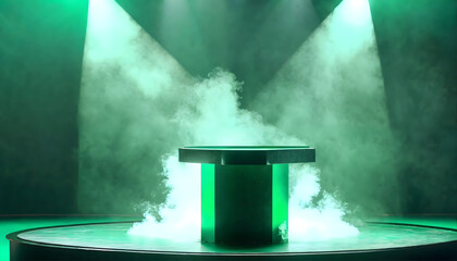 Wall Mural - A green podium with smoke, illuminated by spotlights, creating a dramatic ambiance. An empty pedestal ready for an award ceremony or presentation.