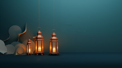 Wall Mural - background of hanging islamic lantern at night. Free space for text. Orange and dark blue color