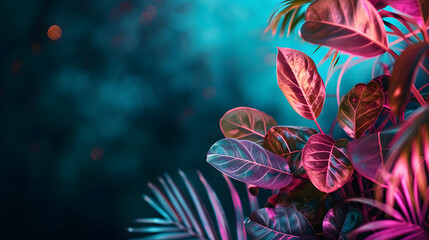 Wall Mural - leaves in neon colors on a dark background with copy space