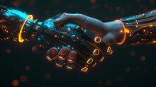 Human And Robot Handshake Representing AI Collaboration. A Graphic Representation Of A Handshake Between A Human Hand And A Robotic Hand, Symbolizing The Harmonious Partnership Between Humans And Arti