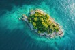 A sunlit green island in the ocean.