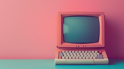 Wall Mural - Retro computer with a bright pink monitor on a pink background.