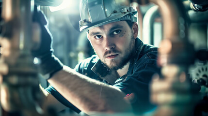 A technician male worker with hard hat in repairing activity.