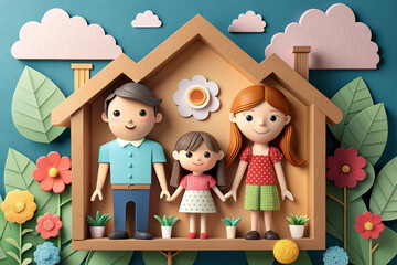 happy family at home, paper art style