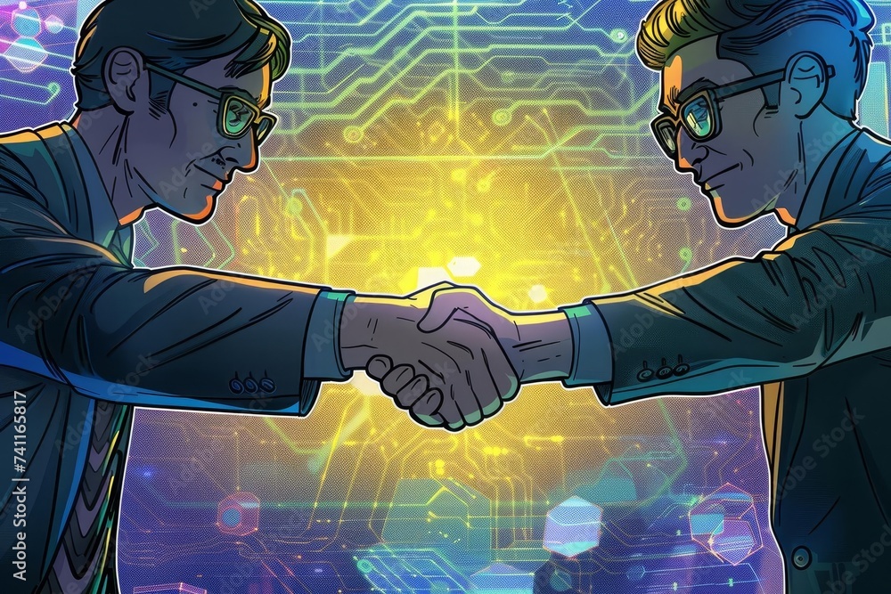 Futuristic handshake between two business professionals in a crypto ...