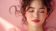 Young Asian beauty woman eyes closed and smiling with Korean makeup style.