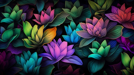 Wall Mural - colorful waterlily background on black pattern wallpaper blue purple yellow vivid bold texture nature design green illustration light dark contrast dreamlike magic abstract drawing painting