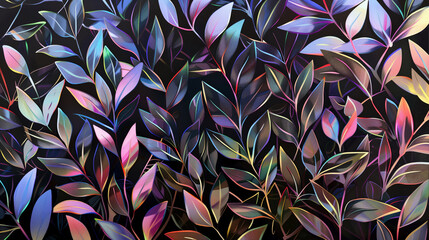 Wall Mural - shiny olive tree leaves background iridescent colorful pattern wallpaper holographic foil blue pink yellow neon glossy vivid bold texture nature sparkling design plant illustration light dark contrast