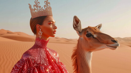 Glamorous gazelle in a sequined dress, wearing a sparkling tiara, against a shimmering desert backdrop, lit with twilight hues, exuding grace and elegance