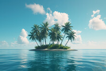 Tropical Small Island With Palm Trees On Blue Sky Clouds