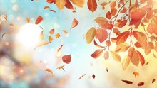Beautiful Autumn Foliage Background With Brunches.  Falling Autumn Leaves With Blurred Blue Sky Background. Seamless Looping Overlay 4k Virtual Video Animation Background 