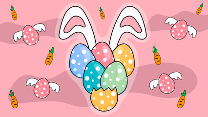 Wall Mural - Colorful colourful vector happy easter background. Greeting card, poster or background with bunny, flowers and easter egg. Egg hunt poster