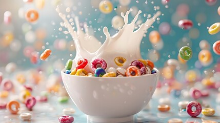 A corn flakes or cereal colorful tase color with milk splash into a bowl.