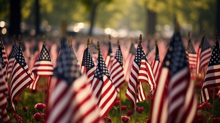 A field of American flags set up for ahappy Veterans Day, Memorial Day, and Independence Day