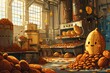Cartoon cute doodles of cocoa beans in a chocolate factory, producing sweet treats and spreading chocolatey joy, Generative AI