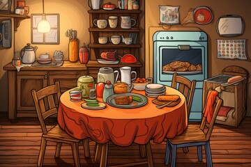 Cartoon cute doodles illustrating a group of baked beans in a cozy kitchen setting, sharing warmth and comfort, Generative AI