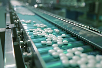 Close-up shot of medical drug production line