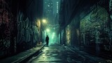 Fototapeta Uliczki - A mysterious figure walks down an urban alley illuminated by neon signs and adorned with graffiti at night.
generative ai