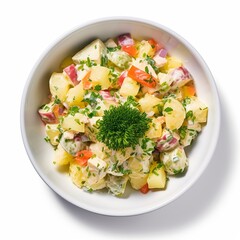 Creamy potato salad on a white background, Potato salad in a white bowl, russian salad on a white background, a bowl of classic potato salad, a bowl of russian salad, potato salad, easy to cut out
