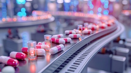 pharmaceutical production line with capsules, image showcasing a high-tech pharmaceutical production