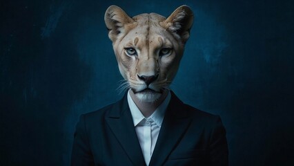 portrait of a lioness in business suit, isolated in blue background