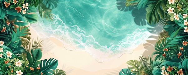 Wall Mural - Top view illustration island sea beach with tropical plants palm trees, Summer holiday background