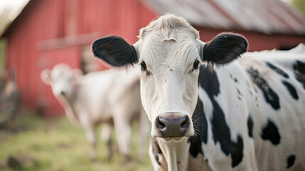 Black and white milk cow on a farm staring at camera with a red barn in the background