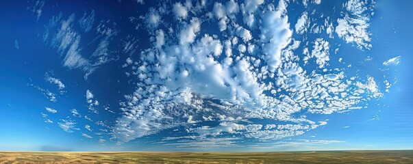Wall Mural - A stunning aerial panorama of dense cumulus clouds bathed in sunlight, with a clear blue sky above.