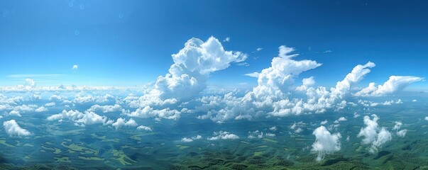 Wall Mural - a stunning aerial panorama of dense cumulus clouds bathed in sunlight, with a clear blue sky above.