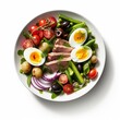 Nicoise Salad Plate on White Background, Healthy Salad with Tuna and Fresh Vegetables, Classic French Salad with Tuna and Eggs
Fresh Spring Salad with Tuna Steak, Nicoise Salad, easy to cut out