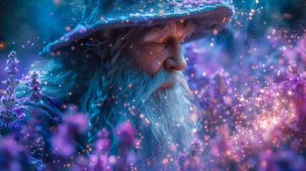 Portrait of an old man sage with a wizard beard wielding powerful magic fantasy character