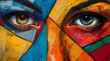 A Mural Of An Abstract Face Painted With Bold Geometric Shapes And Vibrant Colors, Creating An Impactful Visual Piece.
